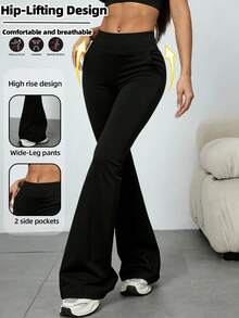 Women's High Waist Flare Yoga Pants, Soft & Stretchy Wide Leg Trousers Suitable For Fitness, Running, Cycling, Yoga, Casual - Black - View 2