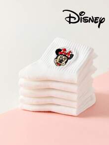 Disney 1/5雙刺繡迪士尼襪，可愛時尚休閒透氣中筒襪，適合兒童、學生日常穿著，開學季、節日禮物 - 白色 - 查看 2