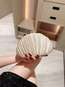 OpulAura Women's Elegant/Luxury Pleated Satin Box-Shaped Clutch Bag, Romantic Wedding Purse, Charming/Refined Evening Dress Bag, Minimalist White Box Handbag With Detachable Chain, Suitable As Holiday Gift, Clutch Bag For Wedding - 杏色 - 查看 2