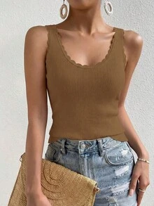 Womens Summer Sleeveless Tank Tops V Neck Ruffle Lightweight Ribbed Knit Shirt Casual Going Out Top - 卡其色 - 查看 1