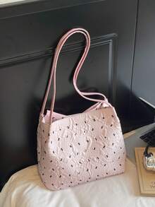 Tas Bahu Wanita Ringan Modis Kapasitas Besar dari Kulit PU Warna Polos dengan Hiasan Pita, Tas Tangan Wanita Elegan, Tas Warna Pink - Berwarna merah muda - View 10