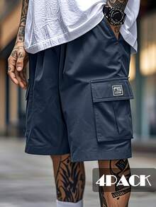 4-Pack Men's Cargo Shorts With Multi-Pocket Design. Loose-Fitting, Non-Stretch, Solid Color. Suitable For Casual Wear And Summer Casual Shorts. - 黑色+藍色+卡其色+灰色 - 查看 2