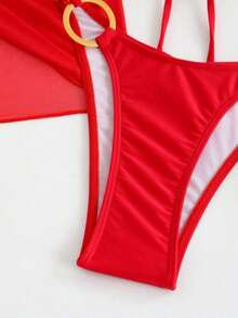 3pcs Set Women Velentines Hibiscus Red Swimwear Summer Days From Poolside To Beachside, Basic Elegant Bikini Floral Decor Coverups Sarong Beachwear - 紅色 - 查看 5