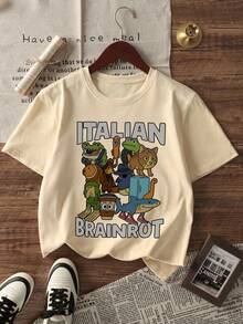 3pcs/Set Boys' Casual Printed Round Neck Short Sleeve T-Shirt, Summer Student Youth Clothing - The T-Shirt With Mountain And Sea Monster Print Brings Joy And Happiness To Every Child! ITALIAN BRAINROT - Apricot - View 4