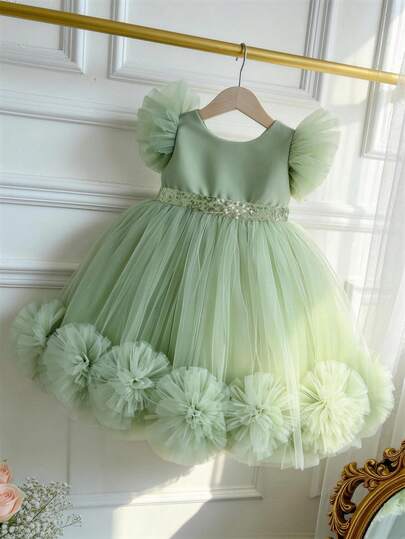女婴薄荷绿3D立体花朵荷叶边袖网纱圣诞派对优雅连衣裙，公主裙，适合女婴一周岁生日派对、婚礼花童、感恩节等场合。