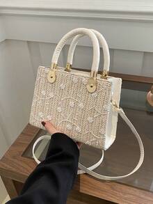 1 pieza Bolso de mano de mujer de unicolor con patrón de piedra texturizada bordada, bolso de hombro, cierre con cremallera, elegante bolso de playa de paja, adecuado para verano, viajes, compras, fotografía, también un gran regalo para la novia o la madre - Blanco - Ver 8