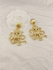 Women's Exaggerated Octopus & Shell Design Gold Bohemian Style Ocean Theme Party Earrings - Octopus - View 4