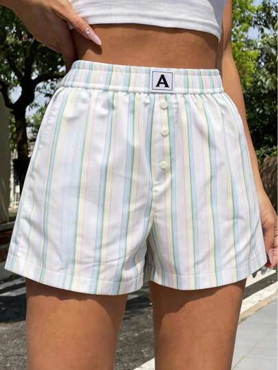 女士休闲条纹阔腿短裤，夏季海滩度假款，带口袋，适合日常穿着
