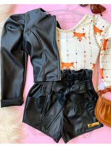 Children's Fashion Blogger Set - Leather Jacket With Princess Sleeves + Clochard Shorts - màu đen - Xem 2