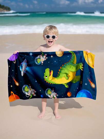 1 pieza Toalla de playa para niños con diseño de dinosaurio de dibujos animados y elementos espaciales, toalla de microfibra extra grande y súper suave, toalla de baño súper absorbente, adecuada para viajes, piscina, buceo, surf, yoga, camping, disponible en varios tamaños, accesorios de playa