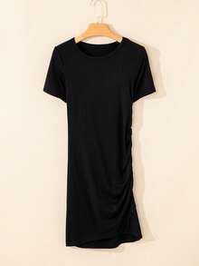 Acelitt Robe femme couleur unie mode minimaliste taille mi-haute plissée ajustée ourlet asymétrique manches courtes col rond, été noir élégant - Noir - Voir 5