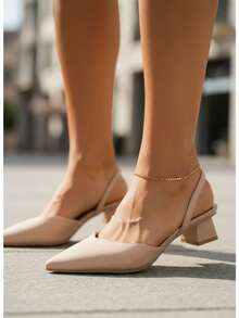 Zapatos de tacón para mujer color desnudo, punta afilada, talón descubierto con correa, tacón ancho, estilo francés versátil para diario - Albaricoque - Ver 5