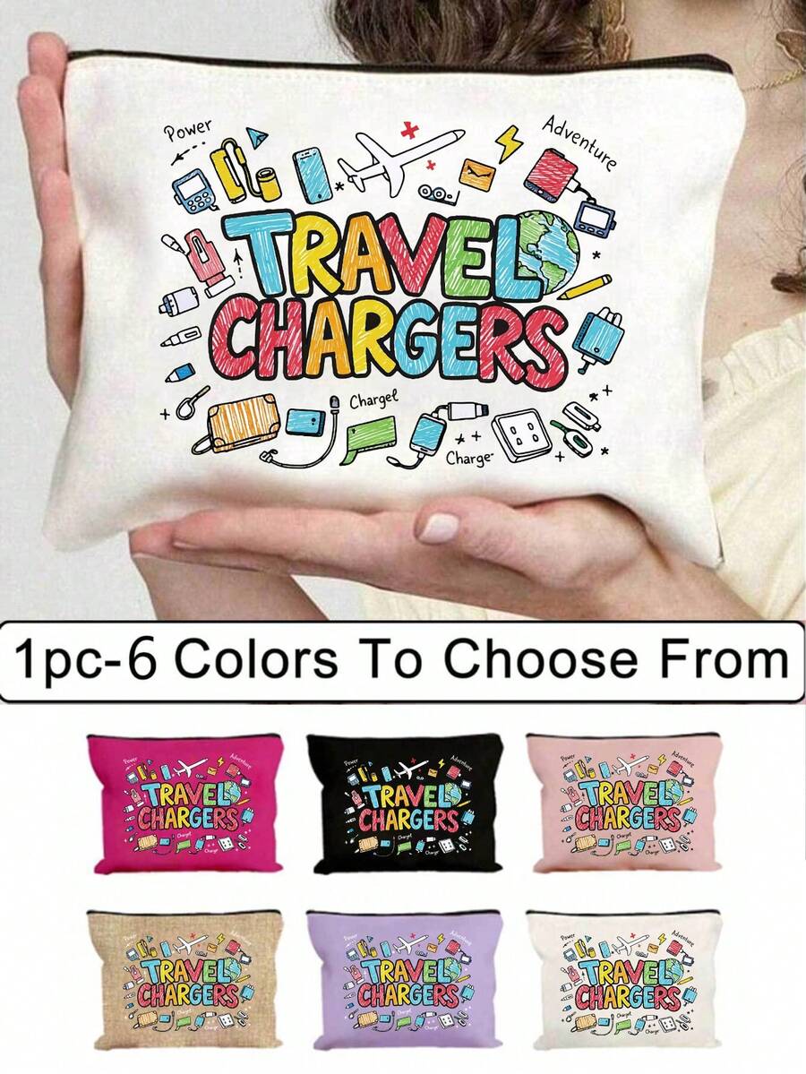 時尚女款彩色「Travel Charger」字母圖案化妝包，化妝品收納袋，數據線收納袋，大容量零錢包，春夏旅行配件，度假拉鍊收納袋。適用於度假、辦公室、購物、酒店、返校禮物、生日禮物、旅行配件、母親節禮物、婚禮配件