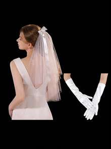 1 Set Minimalist Bow Veil And Gloves Combo, Suitable For Women's Wedding, Daily Party, Birthday Party, Holiday Events - White - View 1