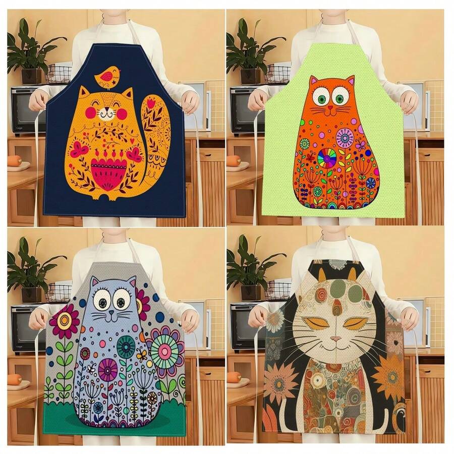 1pc Floral & Cat Pattern Apron, Creative Funny Fashionable Printed Apron, Home Cleaning Apron, Easy Clean Kitchen Cooking Apron, Creative Home Apron - Multicolor - View 1