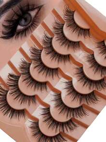 7 Pairs Natural Lashes Cat Eye Eyelashes Fox Eye Eyelashes Full Strip Clear Band Soft Fluffy Eyelash Cross Wispy Dramatic Faux Mink Lashes For Daily And Party Makeup Use -Long-Lasting And -Looking Eyelash Extensions - Black - View 1