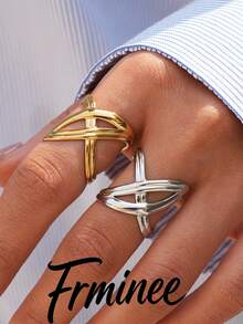 Frminee 2 piezas/1 pieza Anillos de acero inoxidable chapado en oro con diseño grueso y retorcido, adecuados para uso diario y ocasiones especiales de las mujeres - Multicolor 2 - Ver 3