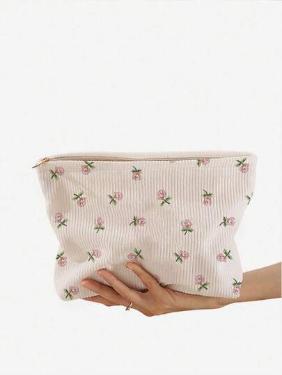 Rose Print Cosmetic Bag - Large Capacity Zipper Travel Makeup Organizer, Durable Fabric, Portable Daily Travel Makeup Pouch, Unisex, Perfect As Easter Or Mother's Day Gift, Ideal Choice For Friends And Family