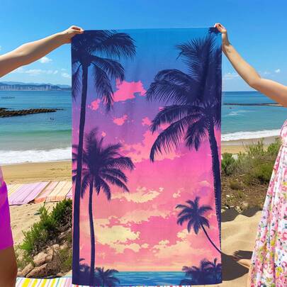 1条椰树印花沙滩巾，柔软舒适轻便，适合旅行、游泳、潜水、冲浪、瑜伽、露营等户外活动，是沙滩用品的理想之选。