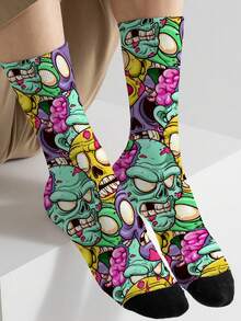 1 Pair 360 Men's Socks – Fun All-Over Print Featuring Skull ,Soft, Comfortable, And Highly Elastic, These Fashionable Casual Streetwear Hip-Hop 360 Socks Are Perfect As Compression Gear, Valentine's Day Socks, Or Loose Maternity Socks. - Multicolor - View 3