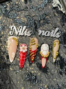 10pcs Stiletto Acrylic Nail Kit, Red Nails, Red French Style, White&Red Tie Dye, 3D White Three-Dimensional Flowers, Asymmetric Flowing Lines, And Beads As Nail Accessories, Y2K Style Nail Art Set, Very Suitable For Women And Girls To Attend Theme Parties&Party&Ceremonies&Festival Use (Including One Piece Of Jelly Glue And One Friction Strip) Nail Stuff - Red - View 6