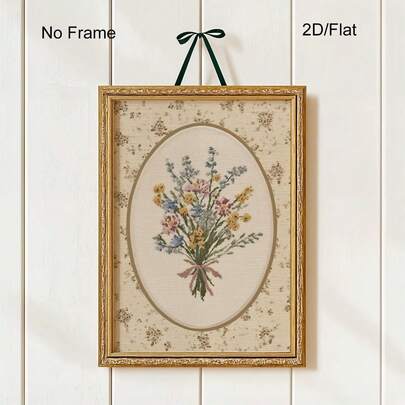 1幅野花花束刺绣墙画，复古椭圆形田园风装饰画，复古乡村风花卉艺术海报，温馨墙面装饰，无框