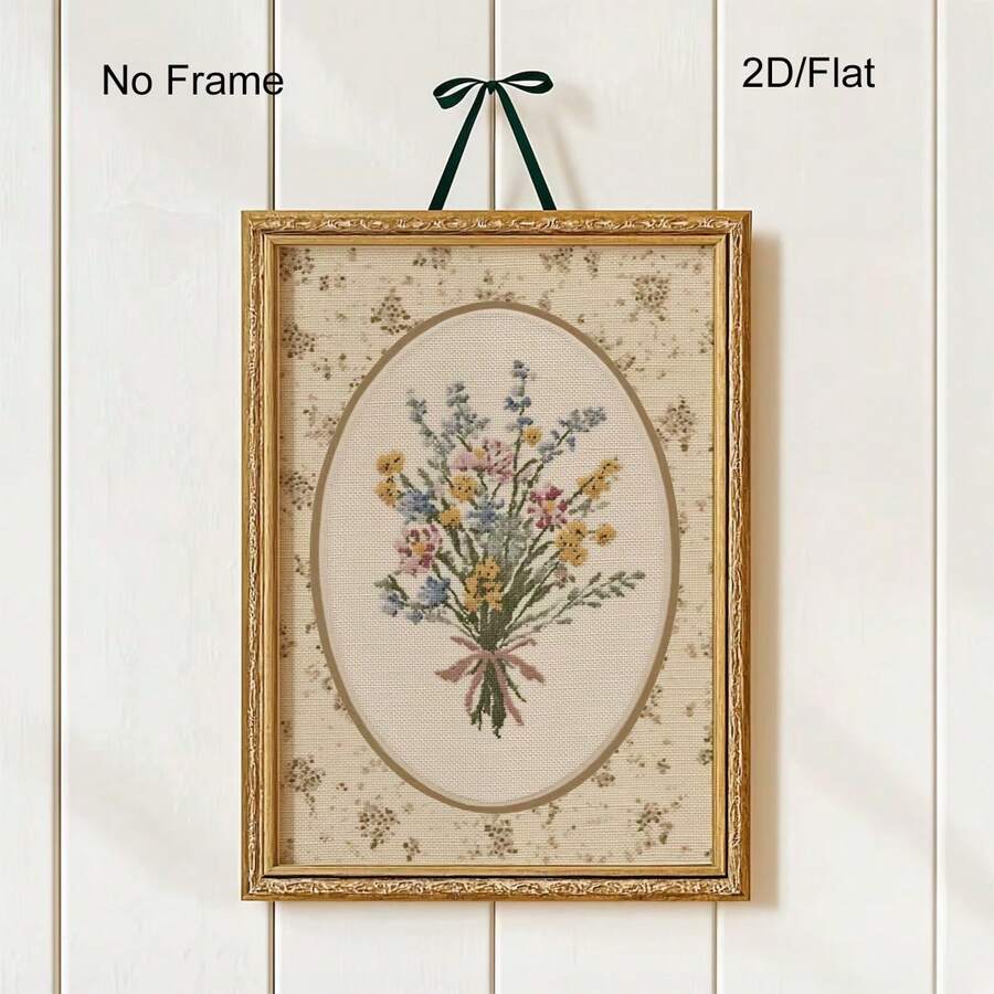 1幅野花花束刺绣墙画，复古椭圆形田园风装饰画，复古乡村风花卉艺术海报，温馨墙面装饰，无框 - 花 - 查看 1