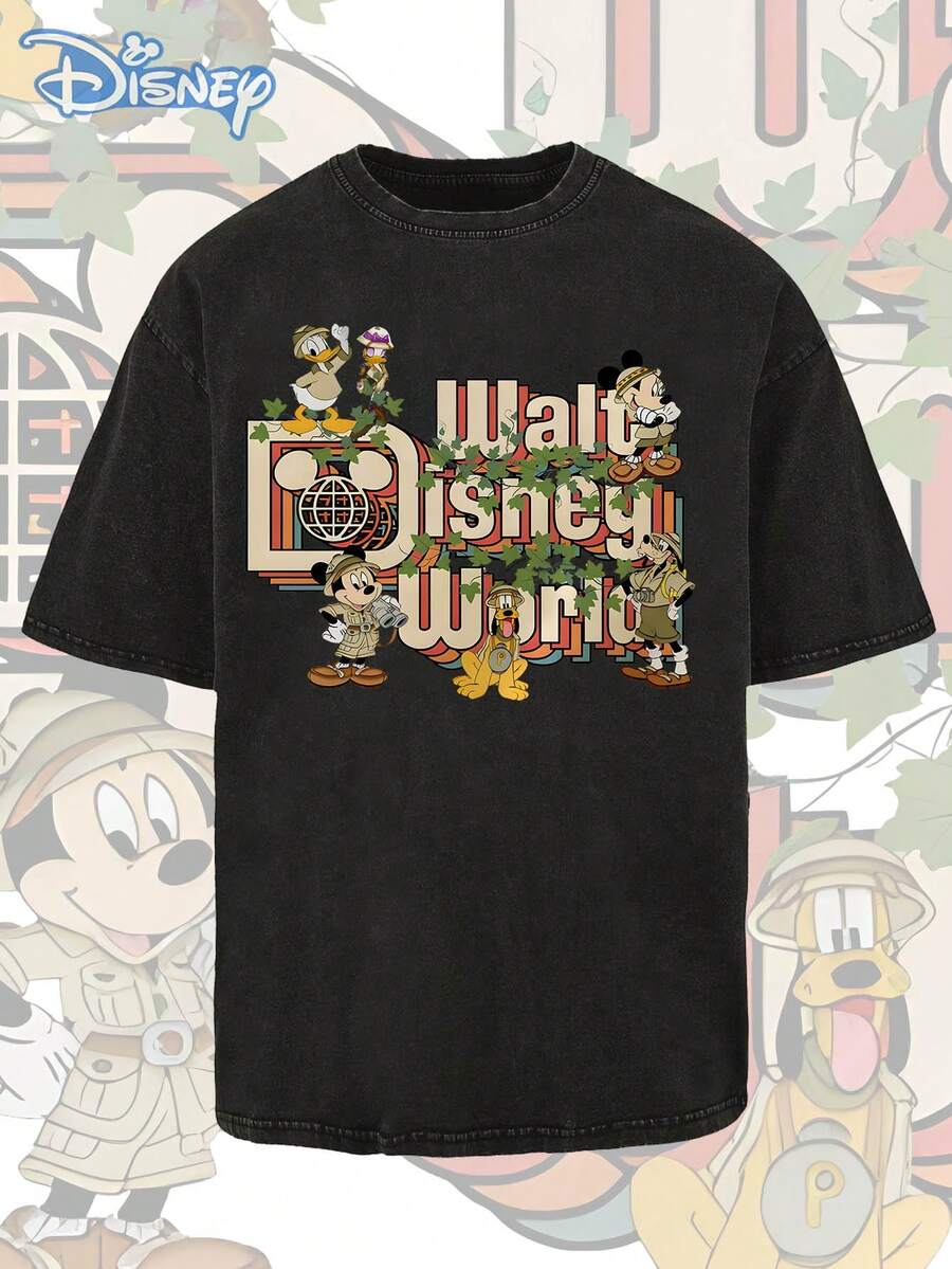 T-shirt d'été à manches courtes pour homme Disney Mickey Mouse et ses amis, effet vieilli, coupe unique, tissu 100% coton, confortable et respirant, style streetwear décontracté, col rond ; une marque de mode de haute qualité, un cadeau surprise idéal pour la famille et les amis. - Noir - Voir 1