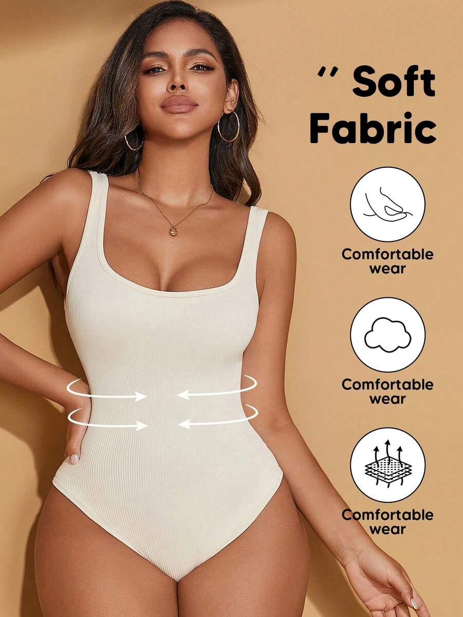 纯色棉质针织无缝塑身连体衣 - 米色 - 查看 1