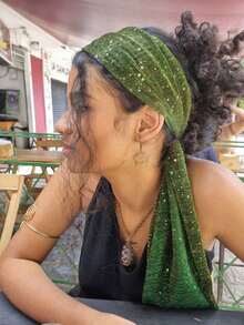 1pc New Headscarf Salon, European And American Style Sequin Cross Edge Headscarf, Autumn Silk Scarf Shawl, Suitable For Dress Matching - Dark Green - 查看 1