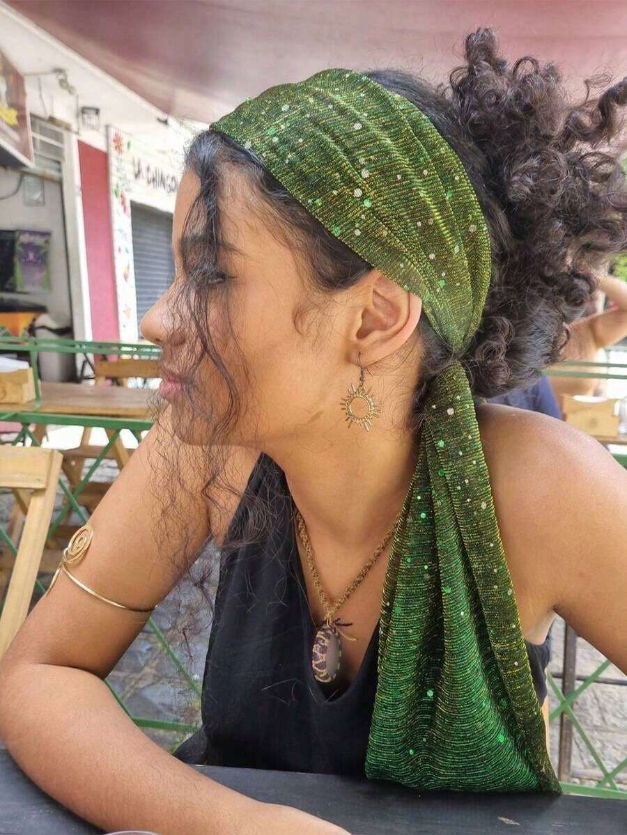 1pc New Headscarf Salon, European And American Style Sequin Cross Edge Headscarf, Autumn Silk Scarf Shawl, Suitable For Dress Matching - Dark Green - 查看 1