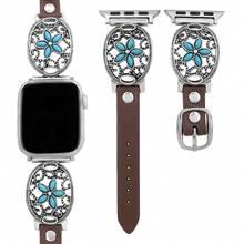 1pc Minimalist Fashion Hollow Flower Turquoise PU Leather Watch Strap Compatible With Apple Watch Band 38/40/41/42/44/45/49mm Women,Bohemian-Style Bracelet Strap Compatible With Iwatch Series 11 Ultra 3 SE3 Ultra 2 S10 SE2 9 8 7 SE 6 5 4 3 2 1, Thanksgiving,Valentine's Day Gifts. - Silver - View 1
