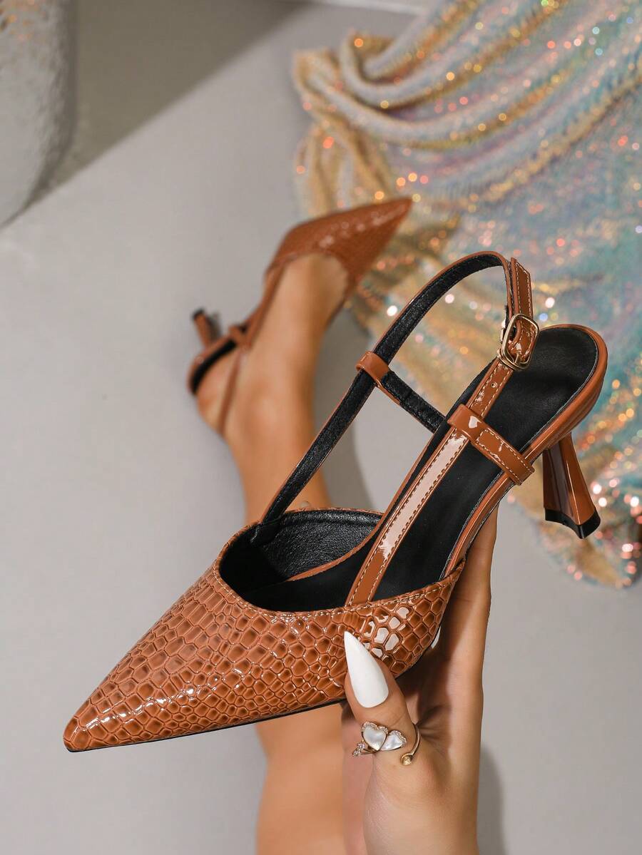 2026 Summer Elegant Romantic Brown Mid-Heel Pointed Toe Slingback Sandals, Minimalist Commuting Slingback Heels For Women - Brown - View 1
