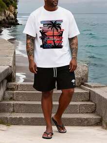 男士椰树3D数码印花T恤套装（2件装），时尚字母设计，夏季休闲度假款，针织面料，可机洗 - 彩色 - 查看 13