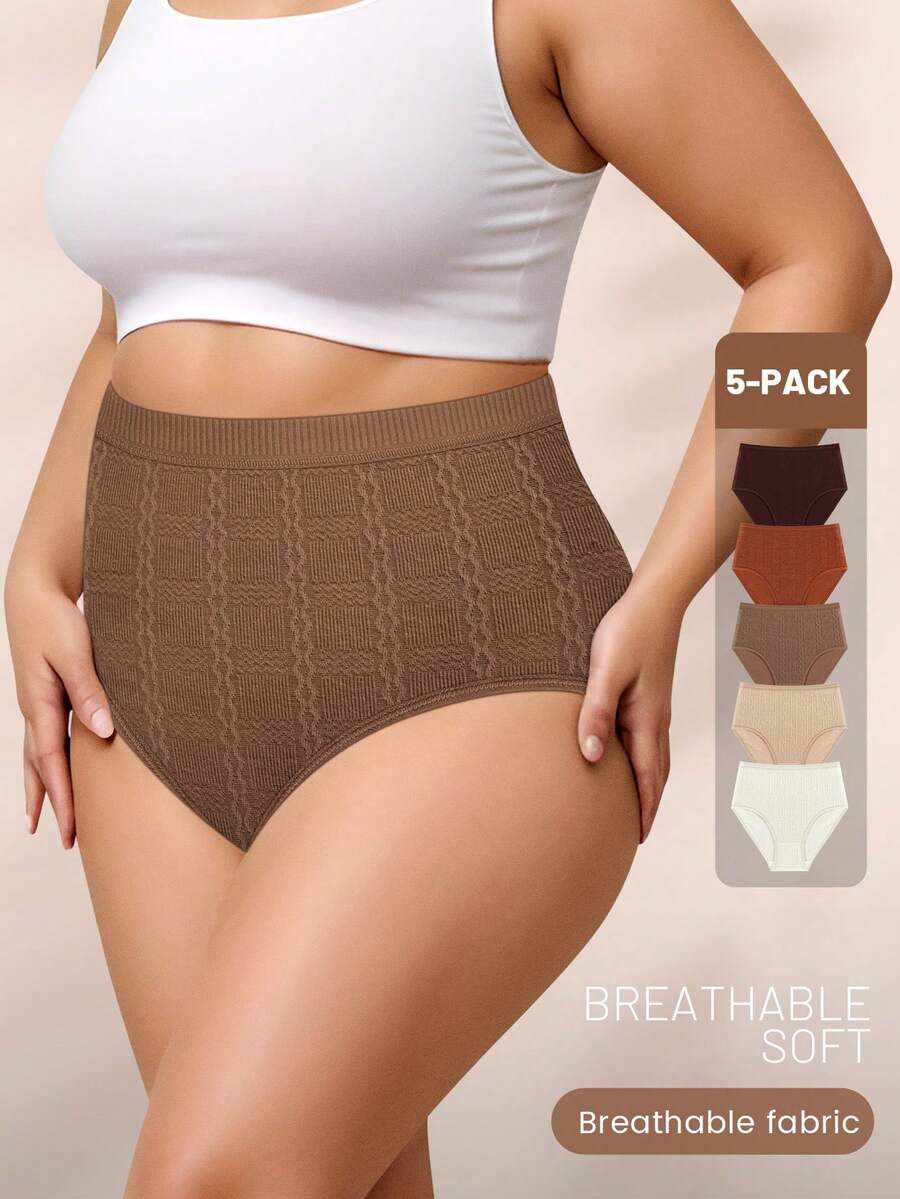 5pcs/Pack Women Plus Size High Waist Panties, Jacquard Design, Elegant, Soft, Breathable - Multicolor - View 1