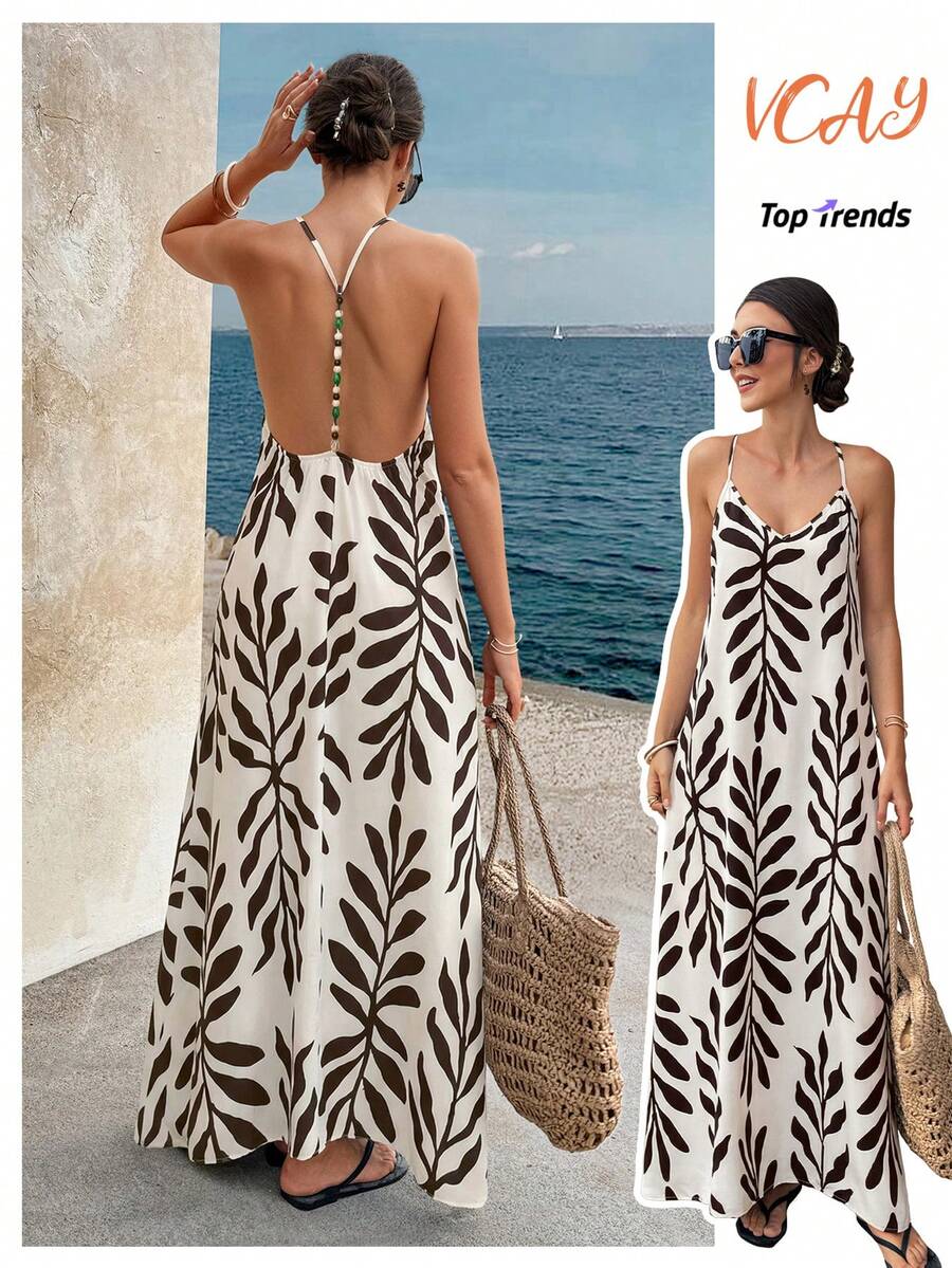 Backless Beaded Decor Camisole A-Line Dress, Casual Resort Island Holiday, Spring/Summer New Arrival, Standard Size Party Elegant - Multicolor - View 1