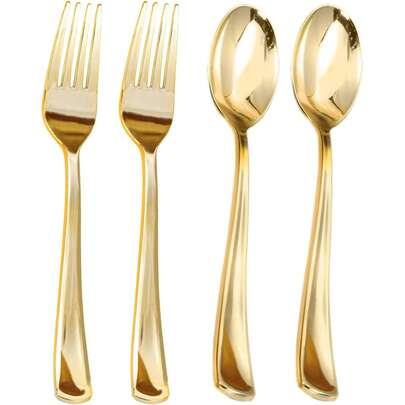 Gold Reusable Cutlery Set, Includes Salad Fork & Dessert Spoon, Dishwasher , Suitable For Home, Restaurant, Wedding, Outdoor, Birthday, Party, Holiday, Kitchen, Valentine's Day, Back To School, Dining