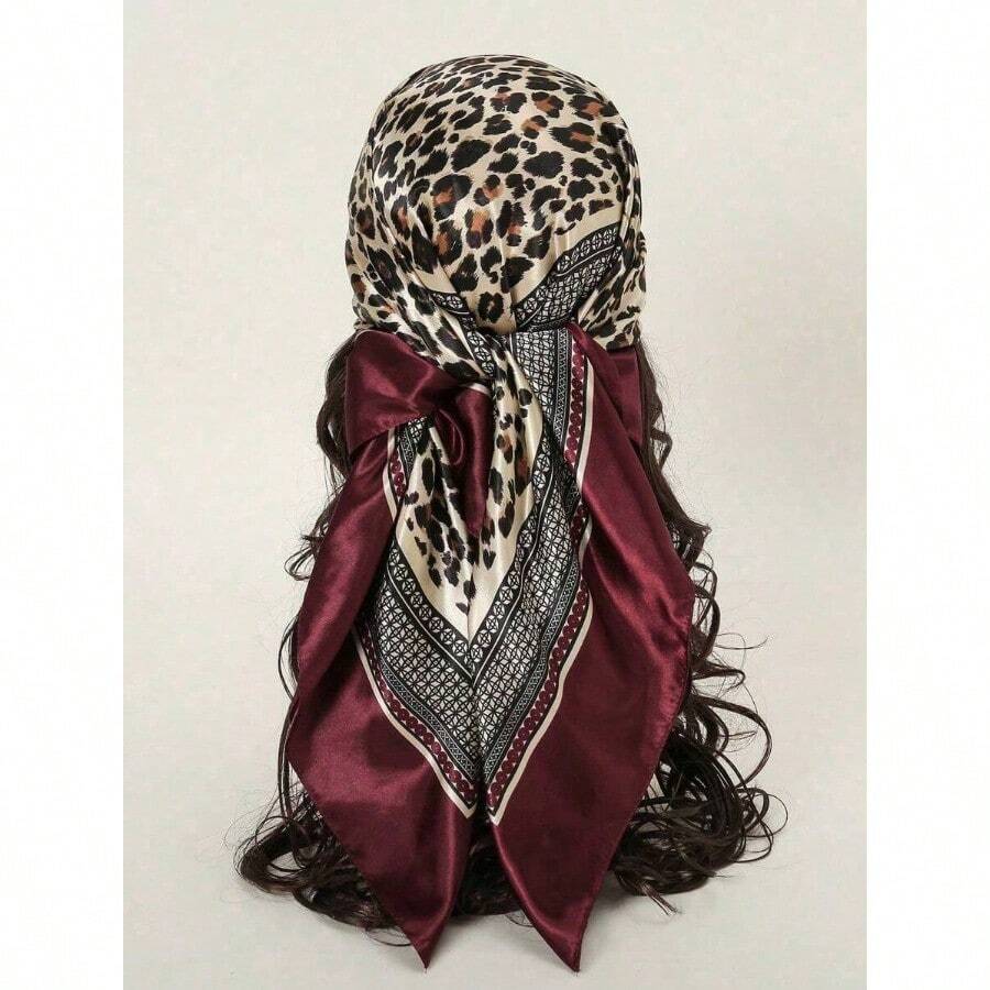1pc Women's 90CM Fashion Scarf With Leopard Print, Satin Square Bandana Headscarf, Spring/Summer - 酒紅色 - 查看 1