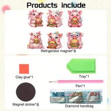 6pcs Diamond Art Fridge Magnets, Pig Eating Hamburger Diamond Painting Decor, DIY Diamond Painting Magnet Kit For DIY Crafts, Gifts, Fridge, Mailbox Decoration - View 7
