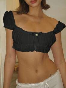 Women's Y2K Off Shoulder Tops Fairycore Slim Frill Trim Bow Backless Short Sleeve Crop Tops Short Shirt Aesthetic Clothes For Party Club Streetwear - 黑色 - 查看 6