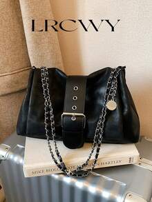 女士单肩包，翻盖软PU皮包，时尚优雅复古简约五金设计，金属链条，适合女性、女孩、大学生，适合购物、通勤，黑色 - 黑色 - 查看 2