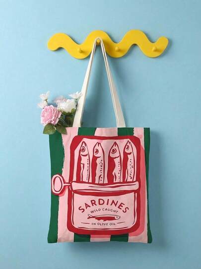 Joivida 女士可重复使用手提袋、手提包和化妆包套装 - 色彩缤纷的简约粉绿条纹沙丁鱼罐头印花涤纶购物袋，固定肩带设计，适合海滩、野餐、购物和食品收纳