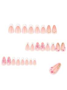 24pcs Short Flat Almond Shaped False Nails, 3D Handmade Minimalist White Flower Pattern, Wearable, Full Coverage Removable, Suitable For Women's Party, Dance And Daily Use - Pink - View 2