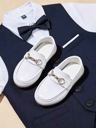 1 Pair Fashionable Bright White Children's Solid Color Flat Loafers, Unisex Kids Can Wear, British Style Slip-On Casual Boat Shoes, Fashionable And Multifunctional Soft-Soled Shoes, Suitable For School Performances, Campus Hosts, Wedding Flower Children, Matching Suits, Piano Recitals, Wearable Year-Round, Neutral Oxford Shoes For Children, Easy To Clean