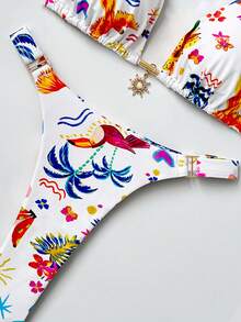 2026 女士沙滩套装，系带露背吊带比基尼，不对称图案印花设计，金属太阳吊坠装饰，优雅比基尼两件套，适合夏季海滩度假和沙滩派对，白色 - 白色 - 查看 5