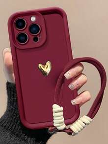 1 chiếc ốp lưng điện thoại màu đỏ tía cao cấp, thiết kế tối giản thanh lịch với họa tiết trái tim và dây đeo bện, phù hợp cho sử dụng hàng ngày, đi làm, công tác và du lịch, chống rơi vỡ, tương thích với điện thoại Apple. - Màu Đỏ Sâu - Xem 2