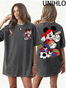 Disney UNIHLO  Mickey  Printed Summer Heavyweight Retro Washed Street Fashion Casual T-Shirt - 黑色 - 查看 2