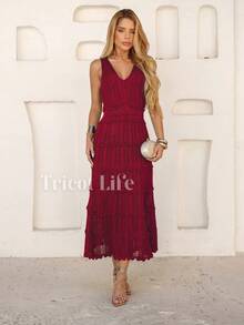 Women's Midi Dress, Knit, Summer, Crochet, Ruffles, Party, Beach, Elegant, Christmas, New Year's Eve, Premium - 焦紅色 - 查看 9