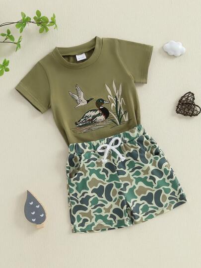 A Camouflage Short-Sleeved And Short-Shorts Set For Infants And Children Aged 0-60 Months, Featuring A Short-Sleeved Crew Collar T-Shirt And Camouflage Shorts For Summer,Toddler Baby Boy Summer Outfits Mallard Duck Embroidery Round Neck Short Sleeve T-Shirt Tops With Elastic Waist Shorts Infant Boys Clothing Outfits Set