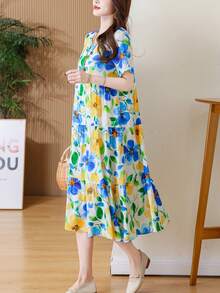 FANMUER Đầm midi in họa tiết phong cách boho dáng rộng thoải mái mới về cho nữ, thích hợp cho mùa hè. - Màu xanh lam - Xem 5